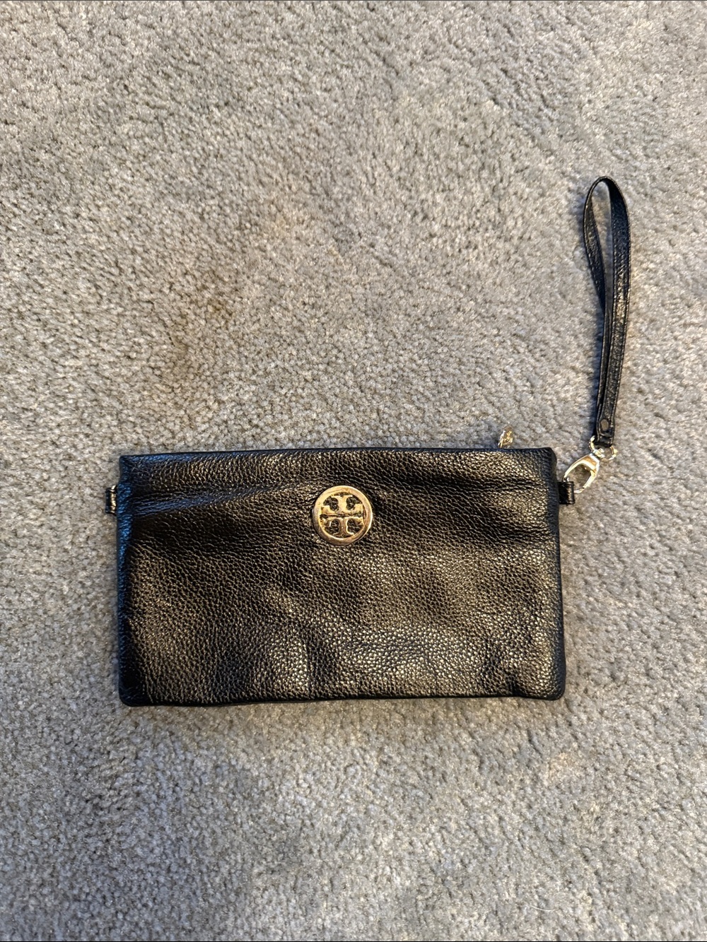 Tory Burch Black Pebbled Leather Wristlet with Gold Logo